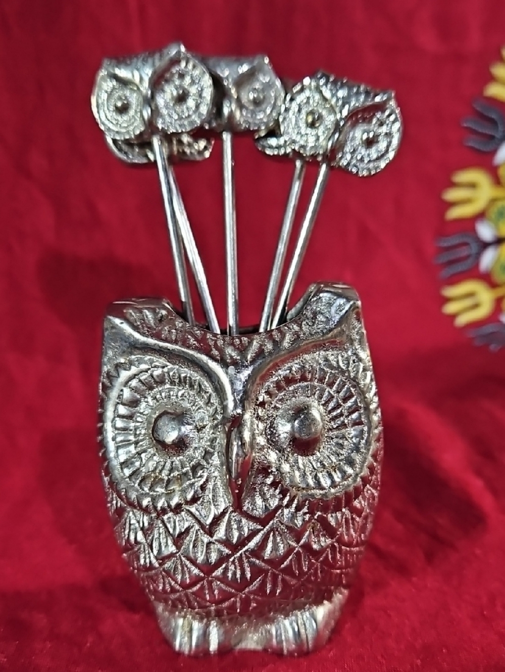 Vintage Zodax Silver Owl Cocktail Pick Set with Holder - Retro Barware